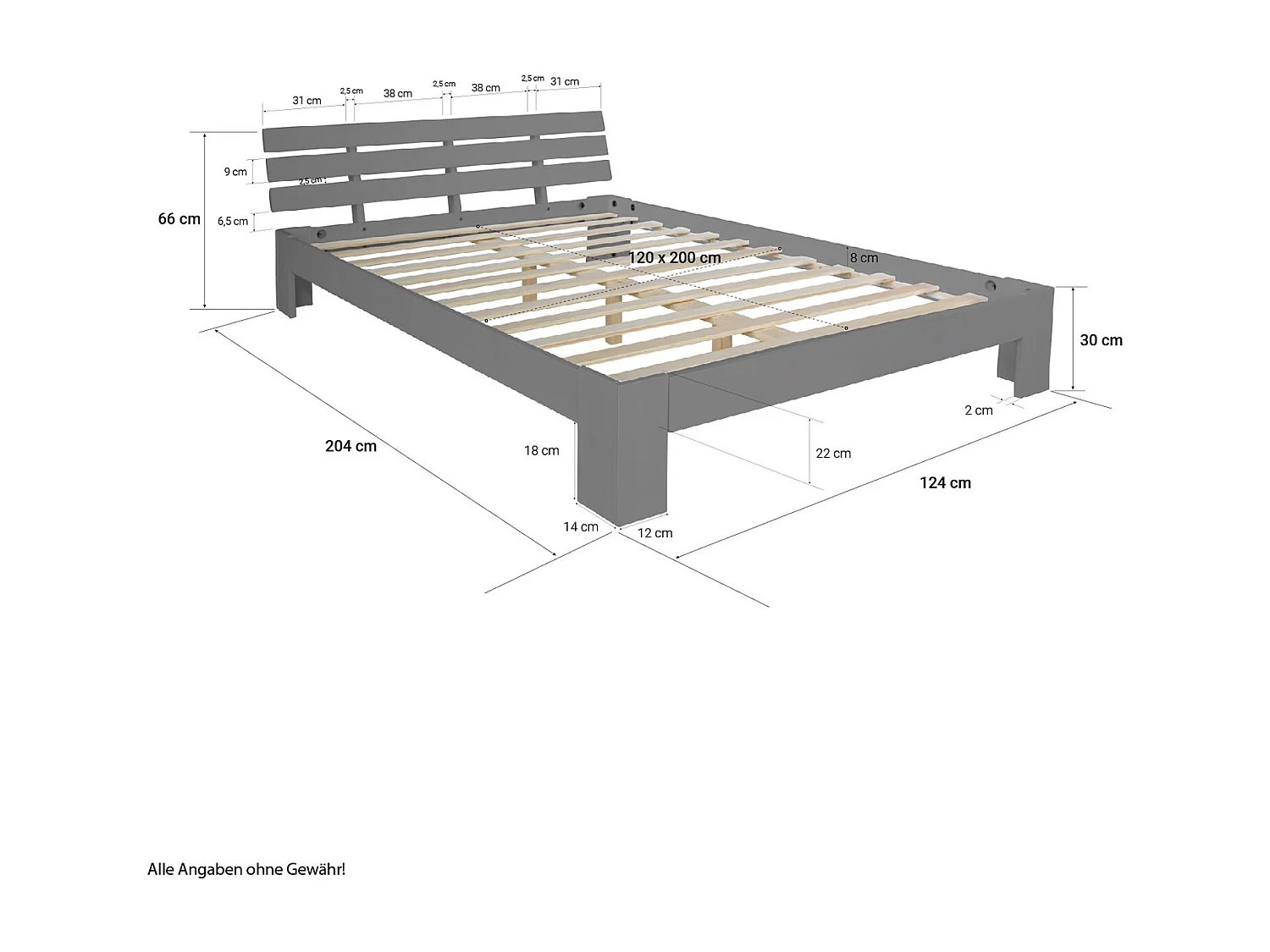Doppelbett 120x200 cm Grau