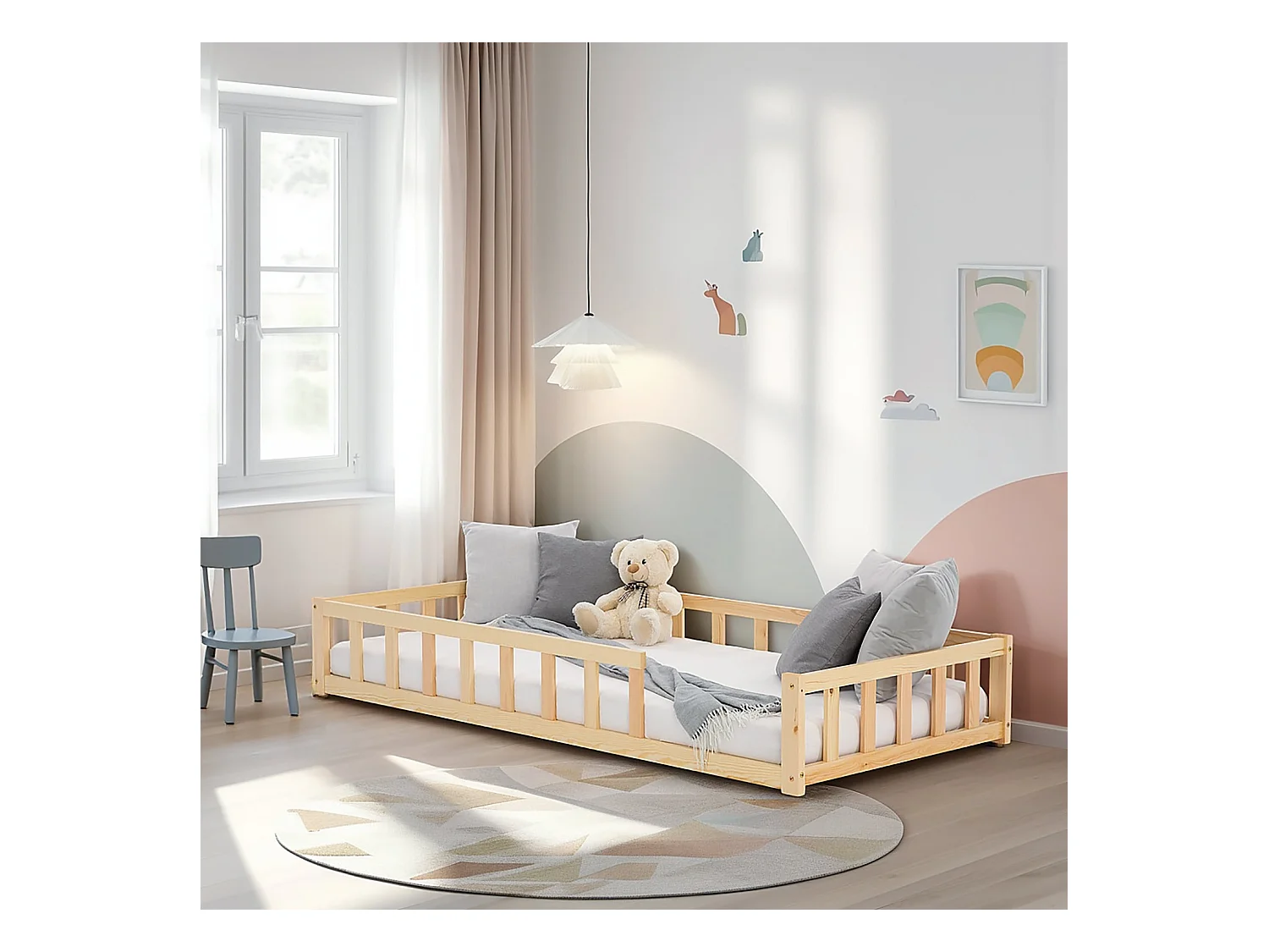 Kleinkind-Bodenbett 90x200 cm Natur Montessori-Bett mit Barrieren