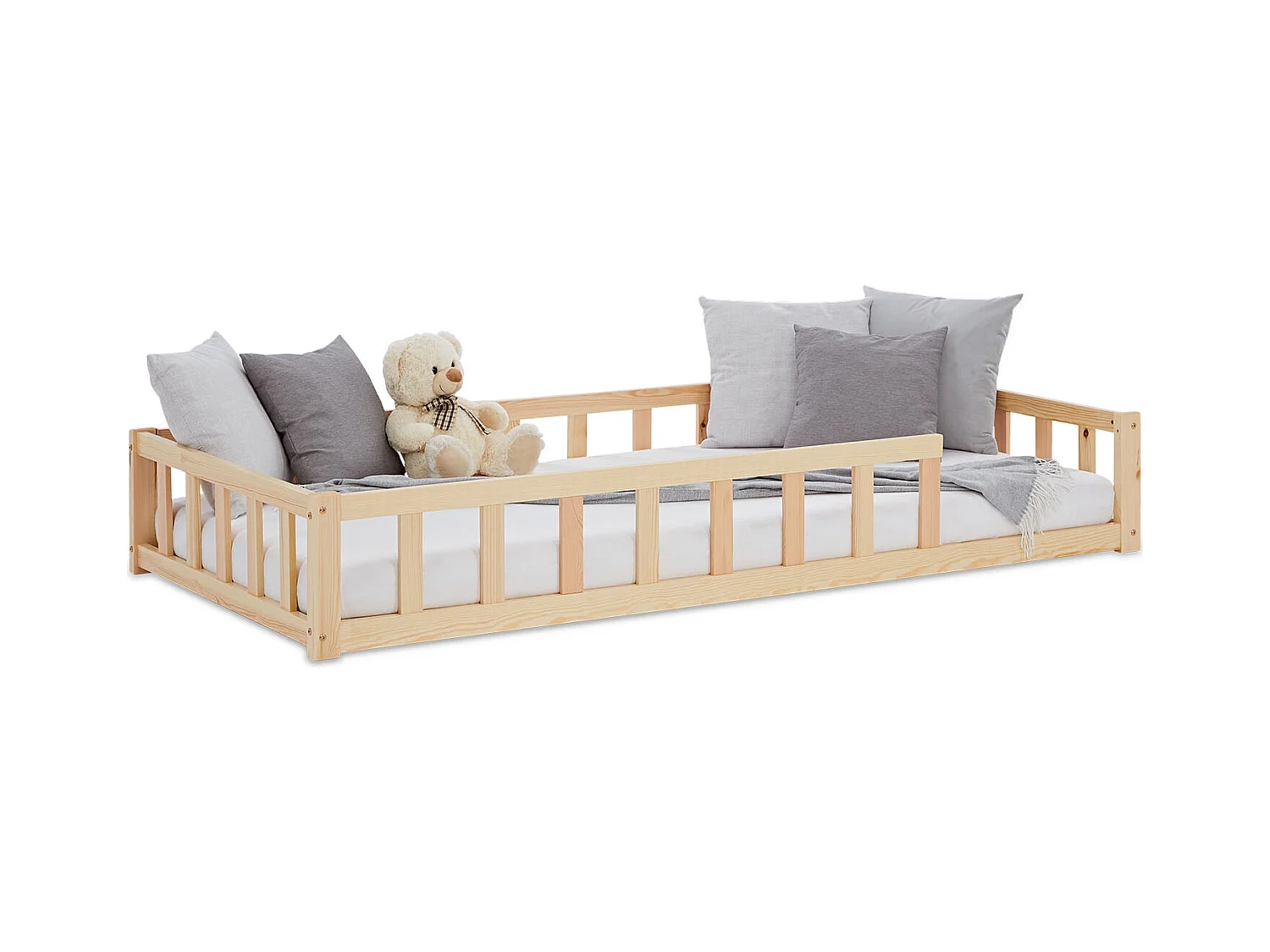 Kleinkind-Bodenbett 90x200 cm Natur Montessori-Bett mit Barrieren