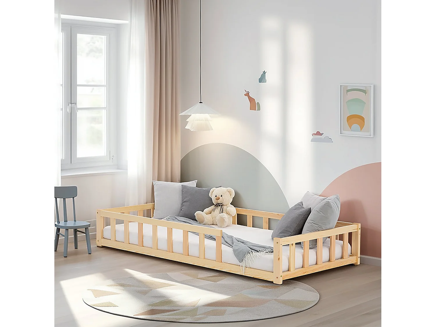 Letto Montessori per Bambini 90x200 cm Naturale con Barriere, Letto a Pavimento per Toddler