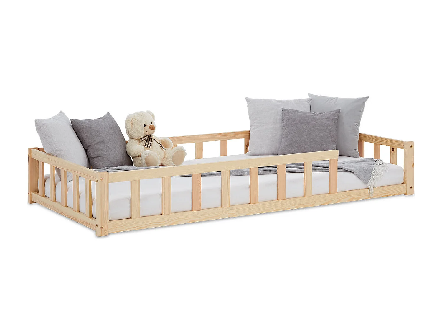 Letto Montessori per Bambini 90x200 cm Naturale con Barriere, Letto a Pavimento per Toddler