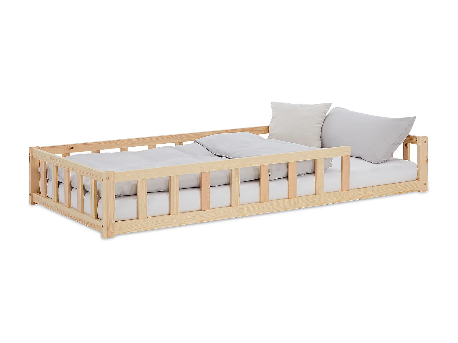 Letto Montessori per Bambini 90x200 cm Naturale con Barriere, Letto a Pavimento per Toddler
