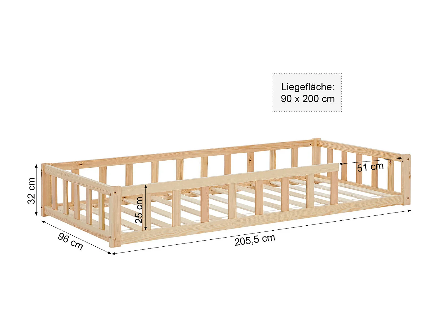 Letto Montessori per Bambini 90x200 cm Naturale con Barriere, Letto a Pavimento per Toddler