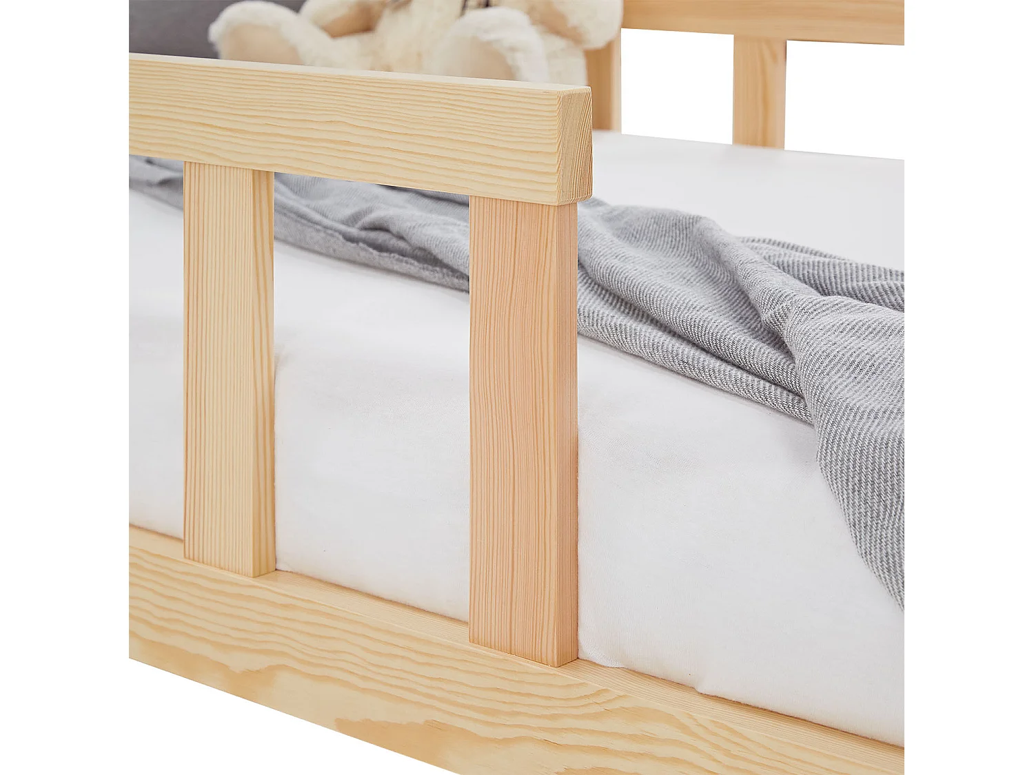 Letto Montessori per Bambini 90x200 cm Naturale con Barriere, Letto a Pavimento per Toddler