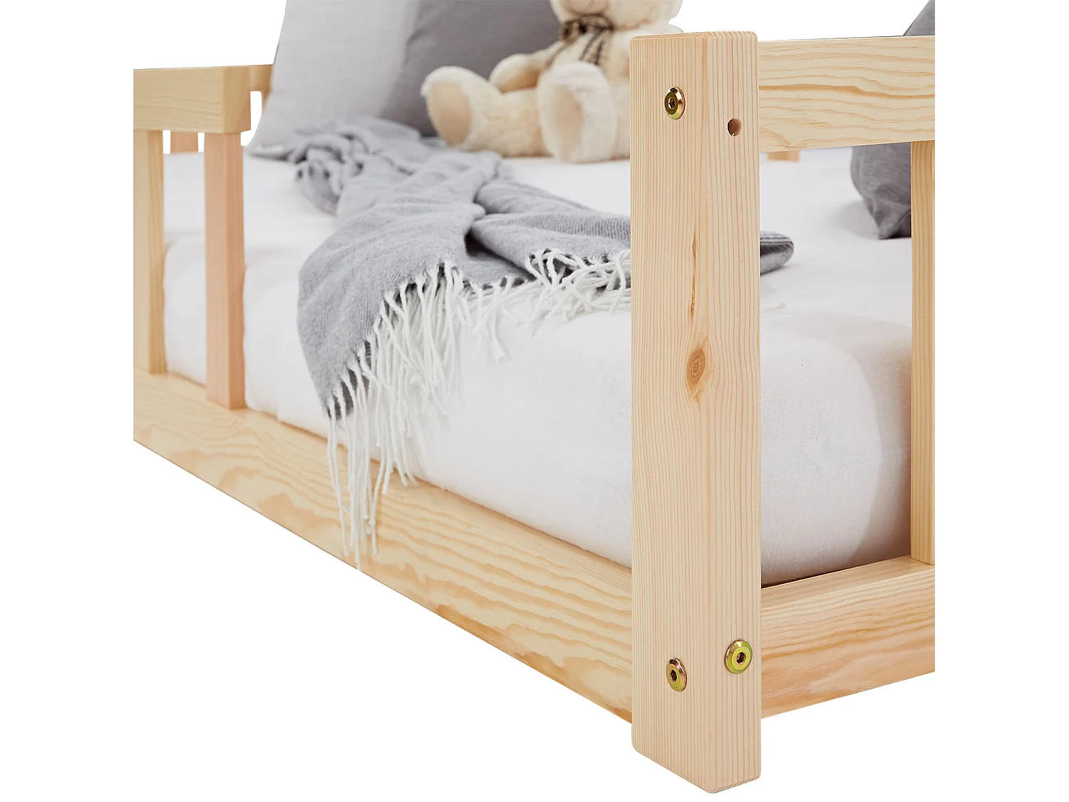Letto Montessori per Bambini 90x200 cm Naturale con Barriere, Letto a Pavimento per Toddler
