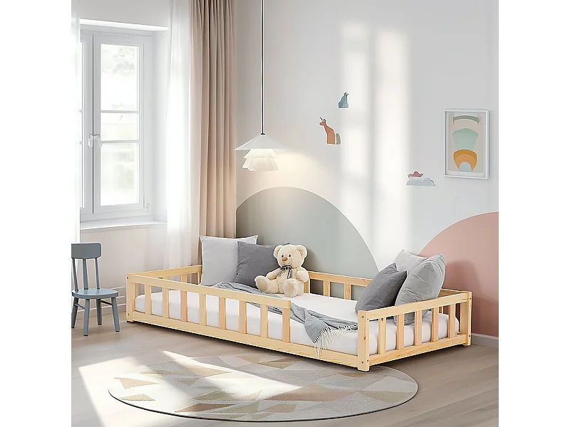 Letto Montessori per Bambini 90x200 cm Naturale con Barriere, Letto a Pavimento per Toddler