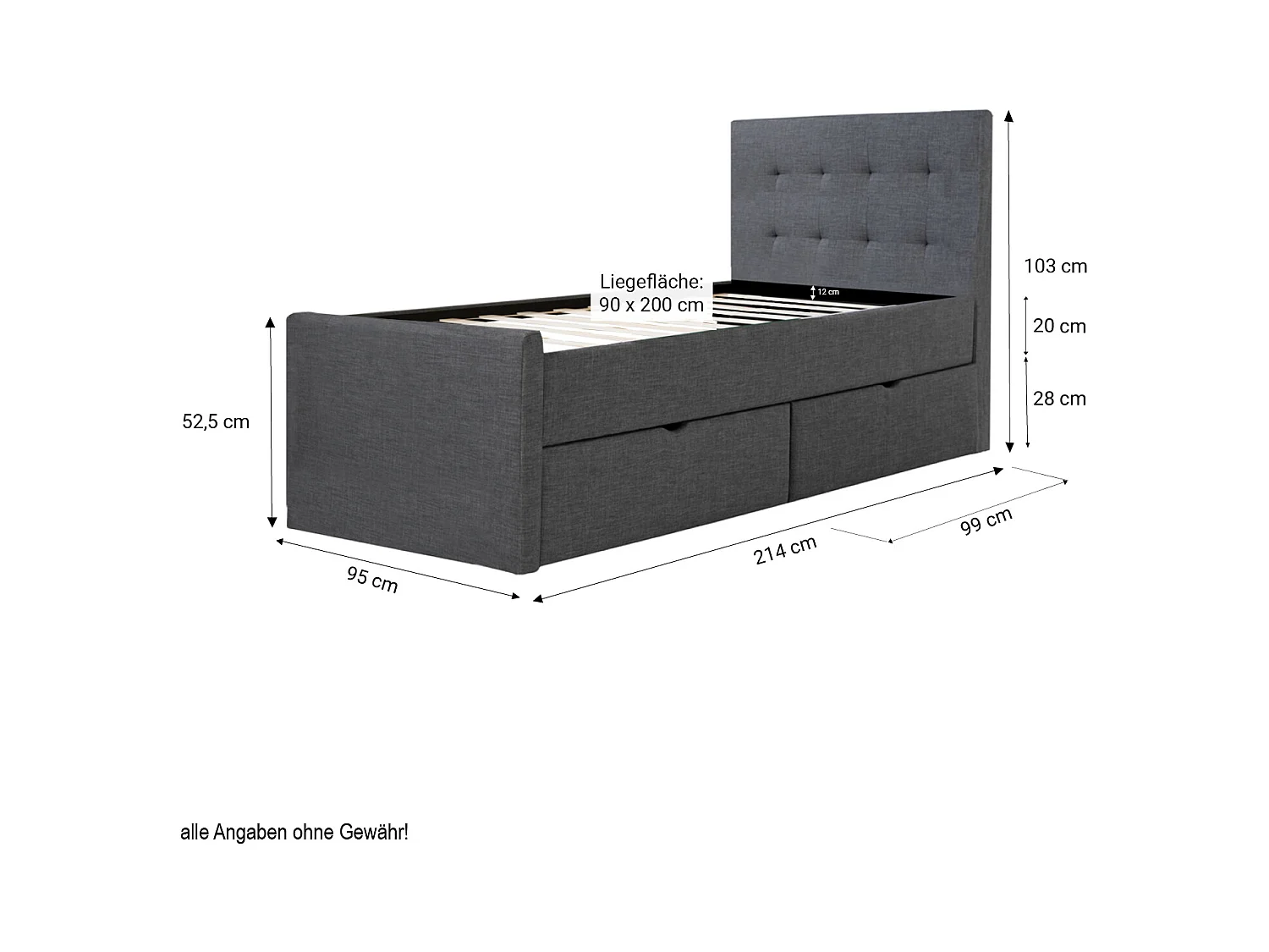 Bettgestell 90x200 cm Anthrazit Gepolstert