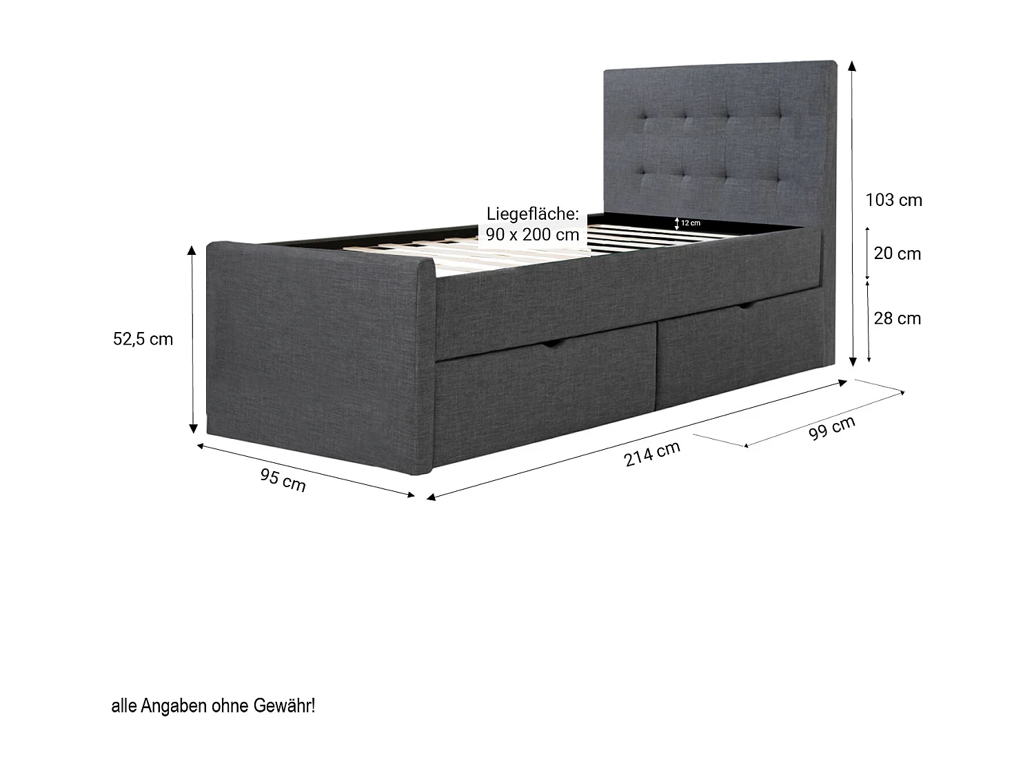 Bettgestell 90x200 cm Anthrazit Gepolstert