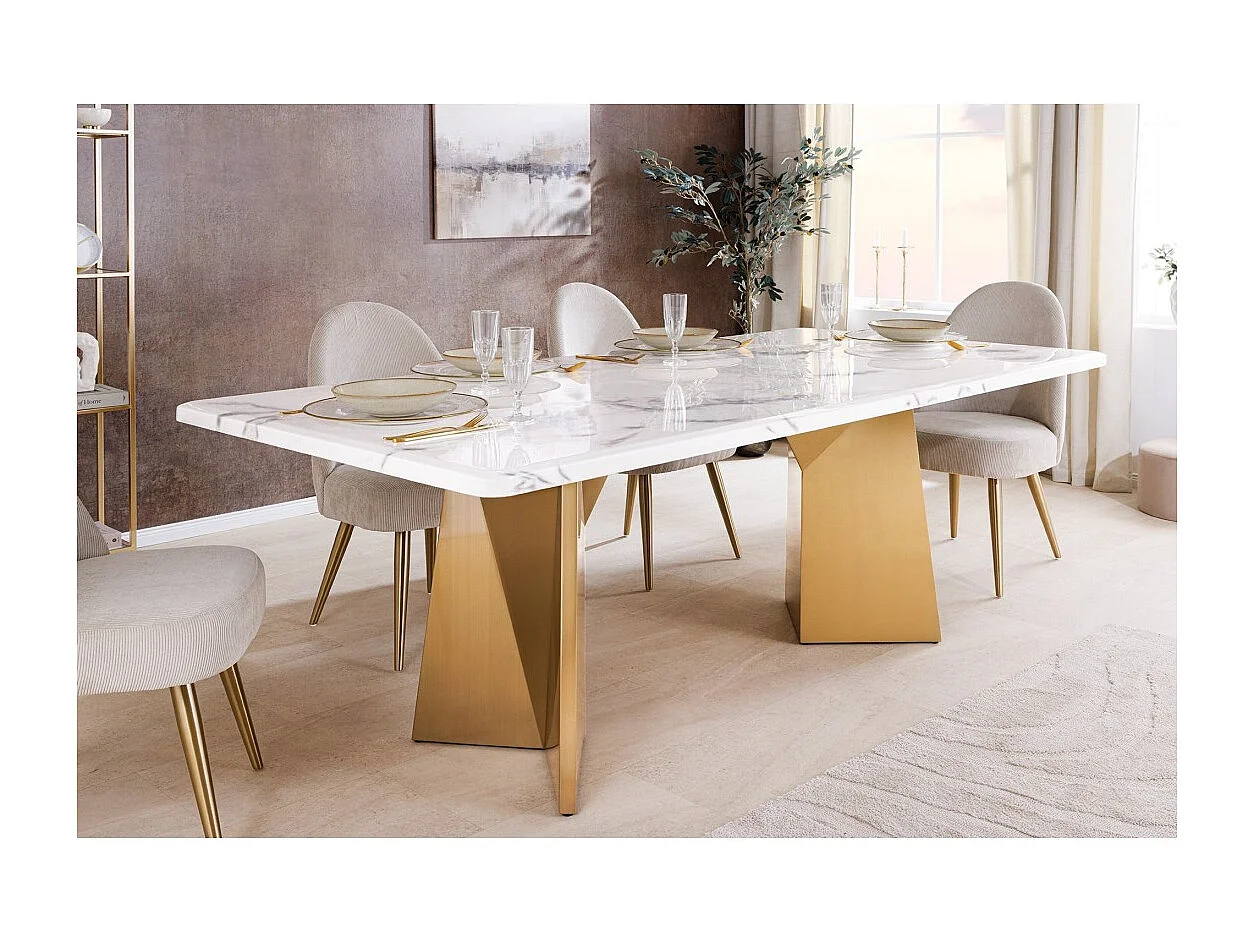 Table de salle à manger OREA – Rectangulaire – Marbre blanc et doré – Pieds métal – Style chic et moderne