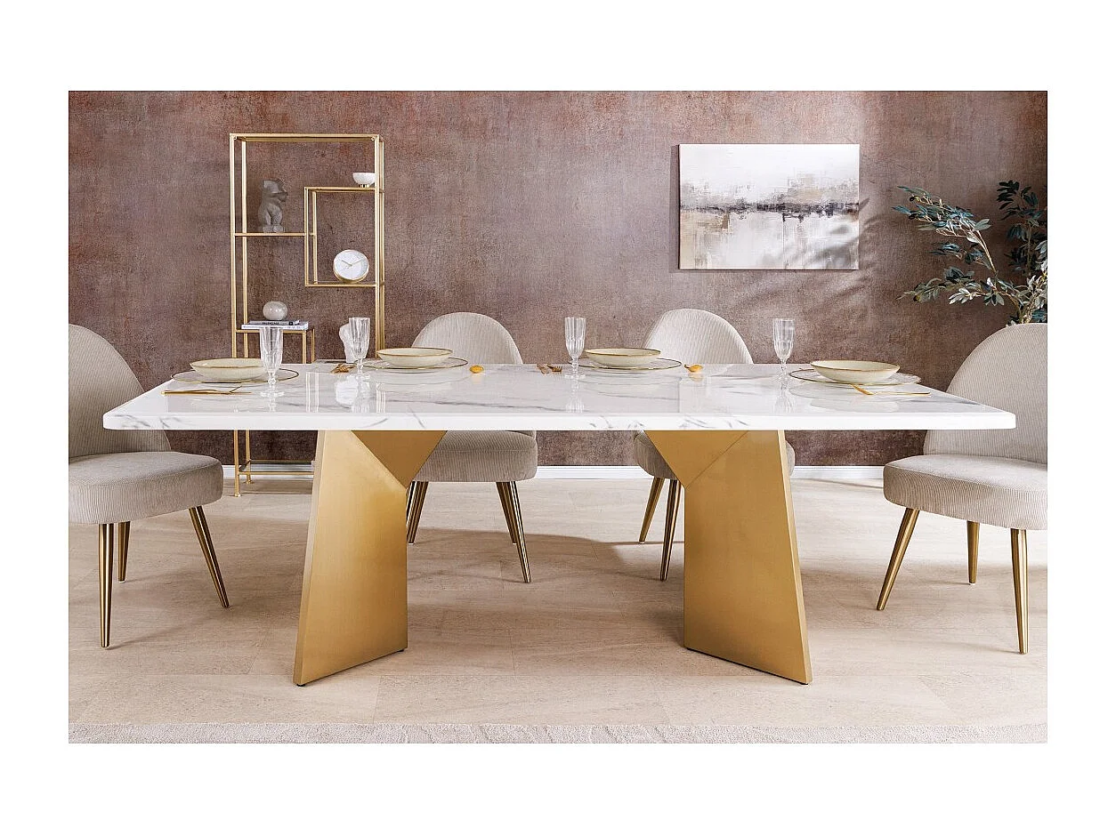 Table de salle à manger OREA – Rectangulaire – Marbre blanc et doré – Pieds métal – Style chic et moderne