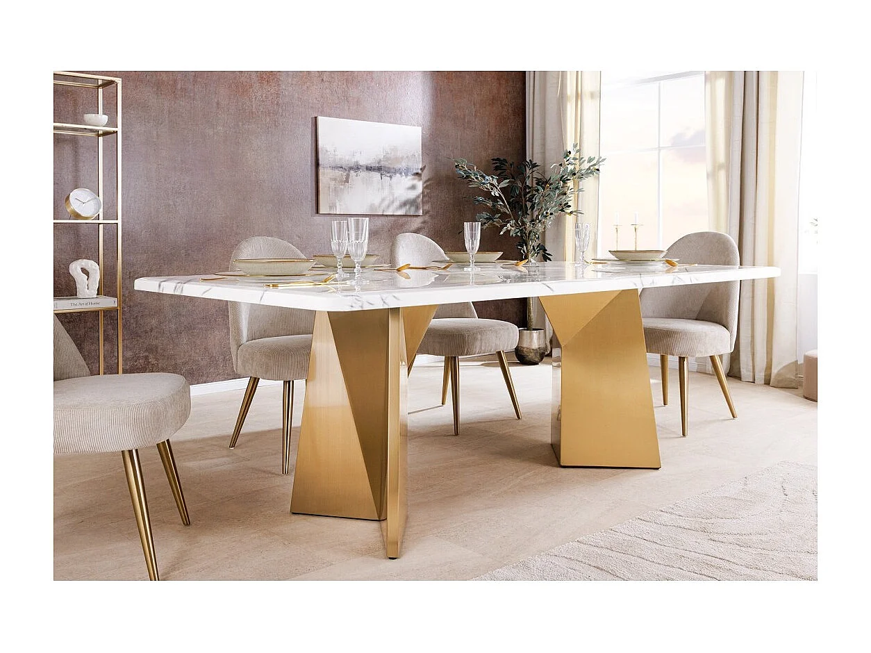 Table de salle à manger OREA – Rectangulaire – Marbre blanc et doré – Pieds métal – Style chic et moderne