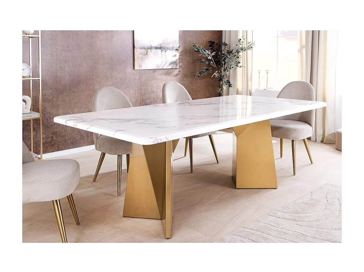 Table de salle à manger OREA – Rectangulaire – Marbre blanc et doré – Pieds métal – Style chic et moderne