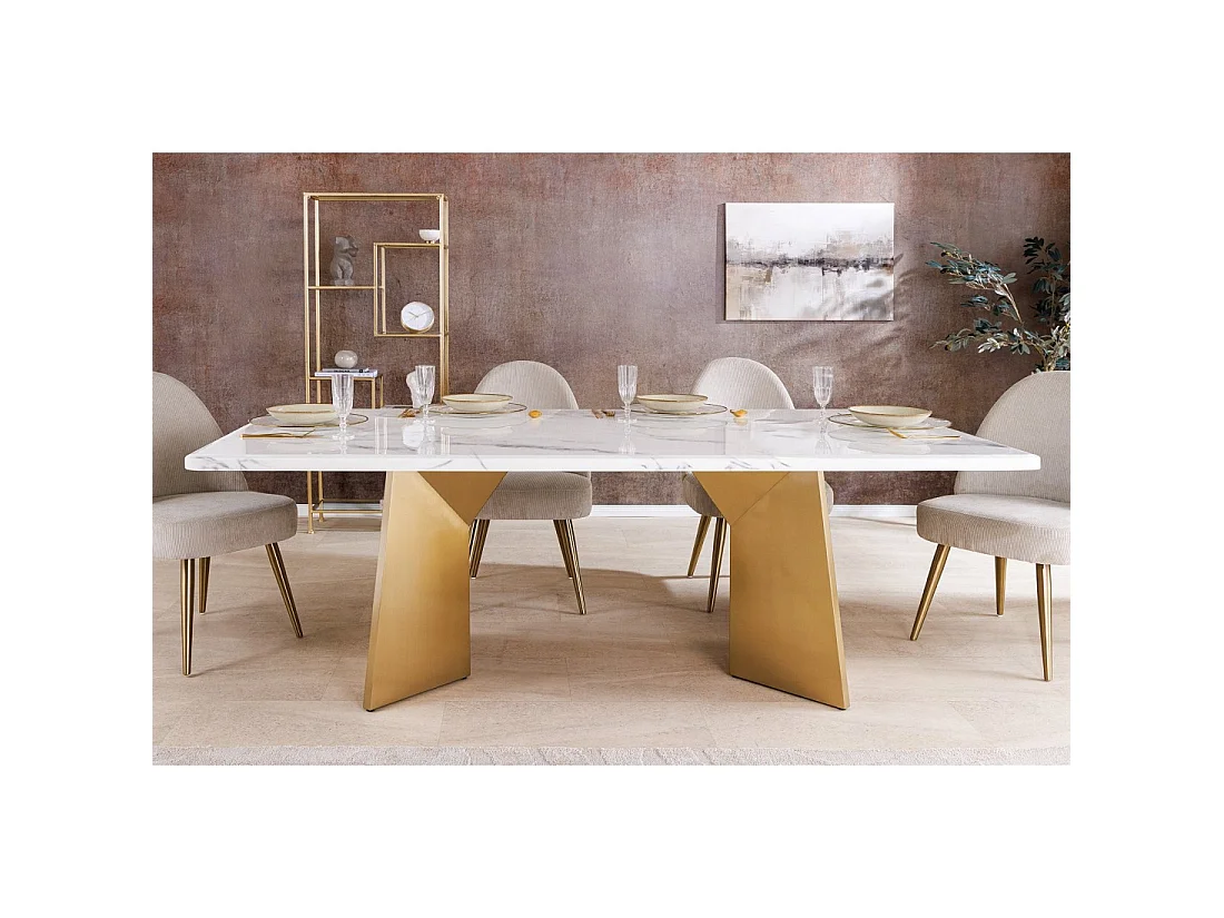 Table de salle à manger OREA – Rectangulaire – Marbre blanc et doré – Pieds métal – Style chic et moderne