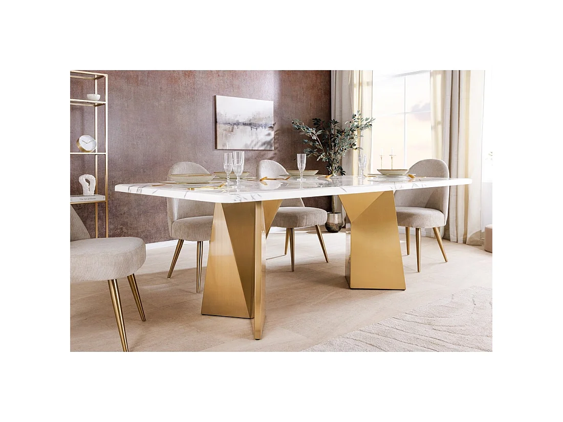 Table de salle à manger OREA – Rectangulaire – Marbre blanc et doré – Pieds métal – Style chic et moderne
