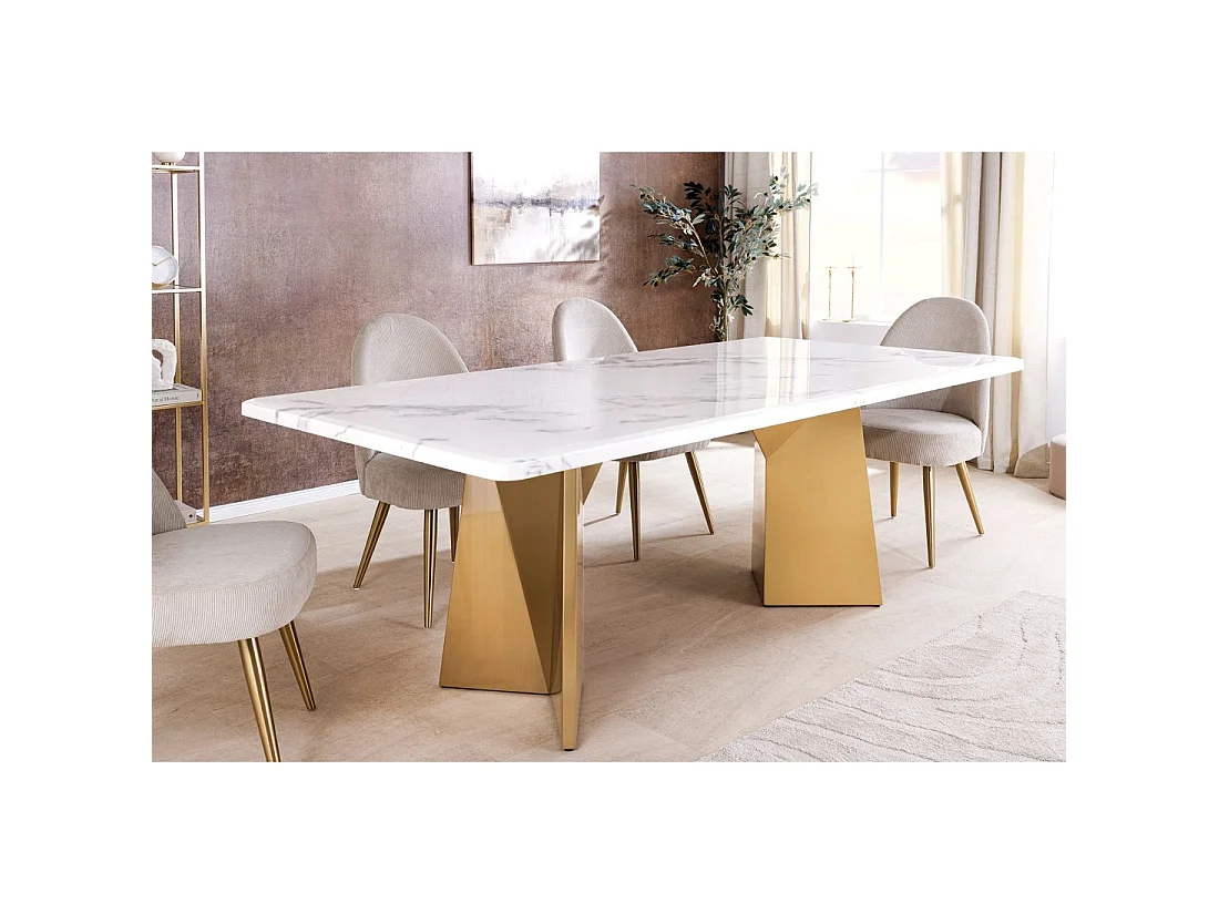 Table de salle à manger OREA – Rectangulaire – Marbre blanc et doré – Pieds métal – Style chic et moderne