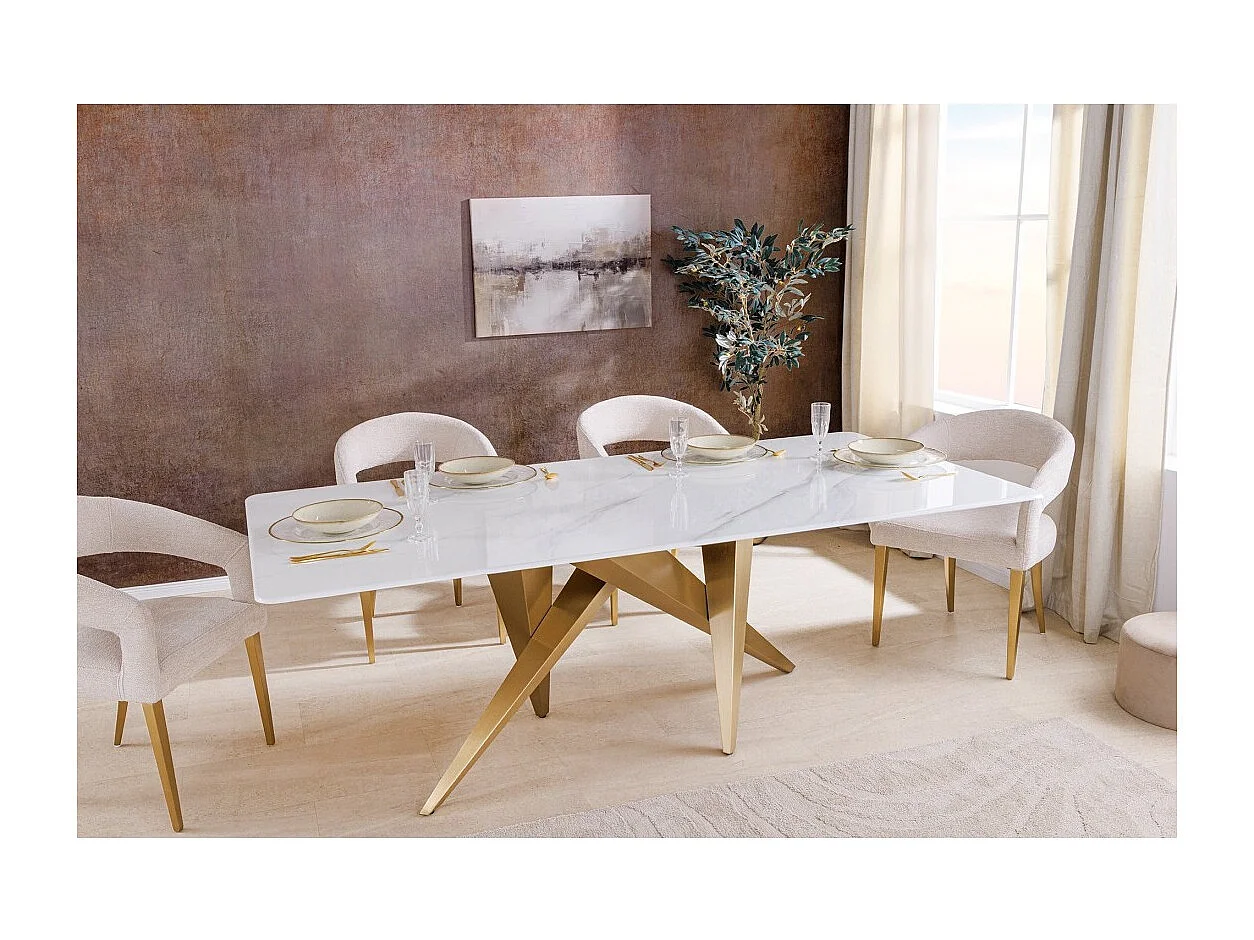 Table de salle à manger AXIS – Rectangulaire 200 cm – Effet marbre blanc – Pieds métal coloris or – Style chic