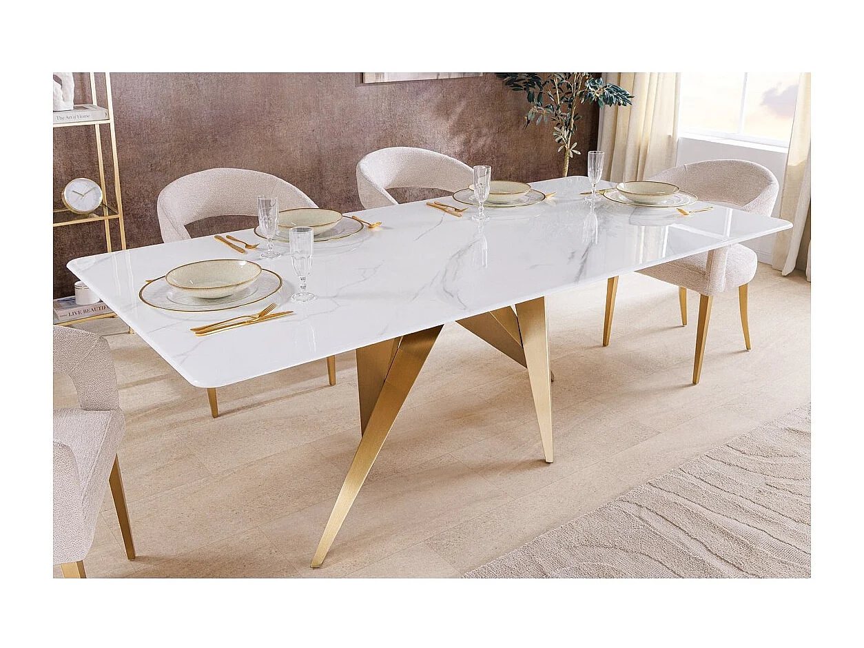 Table de salle à manger AXIS – Rectangulaire 200 cm – Effet marbre blanc – Pieds métal coloris or – Style chic