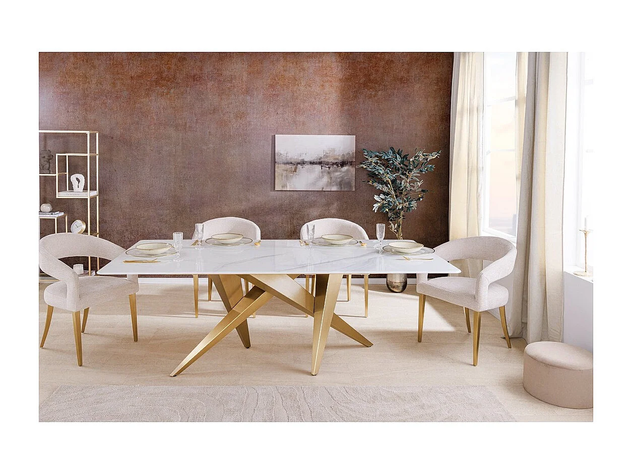 Table de salle à manger AXIS – Rectangulaire 200 cm – Effet marbre blanc – Pieds métal coloris or – Style chic