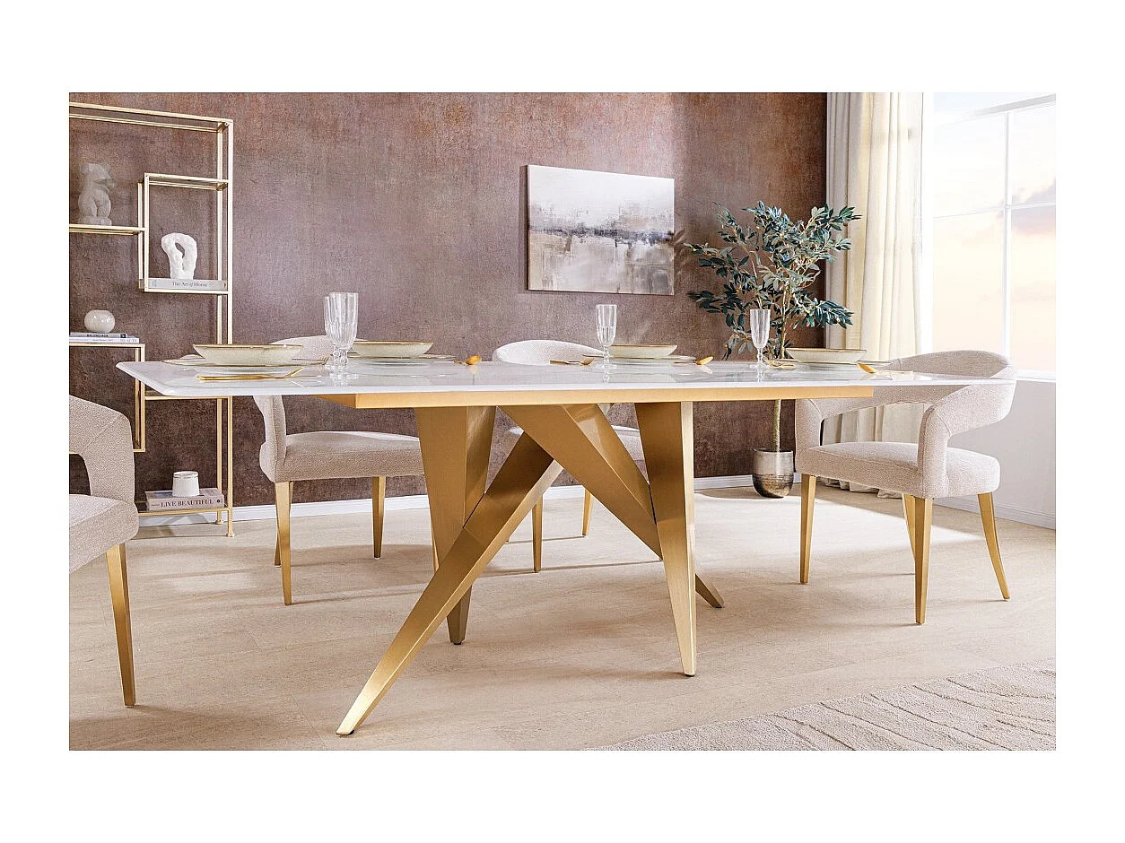 Table de salle à manger AXIS – Rectangulaire 200 cm – Effet marbre blanc – Pieds métal coloris or – Style chic
