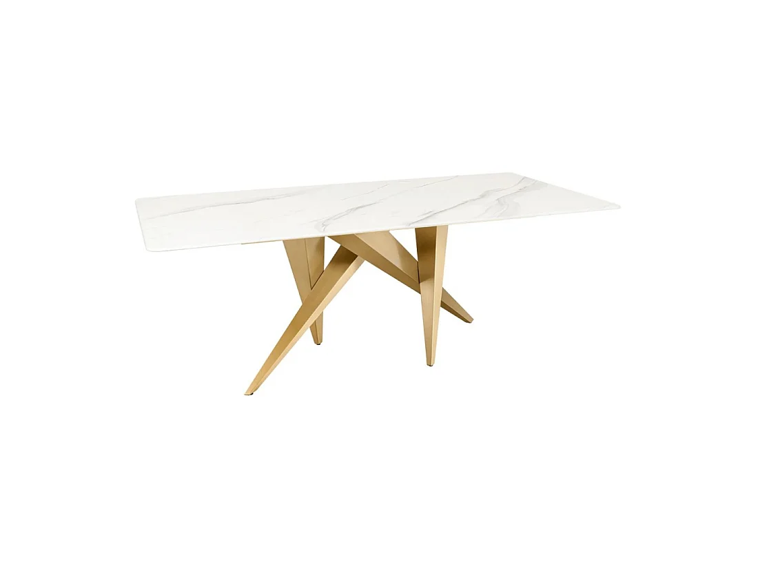 Eettafel AXIS – Rechthoekig 200 cm – Wit marmer effect – Metalen poten goudkleurig – Chique stijl