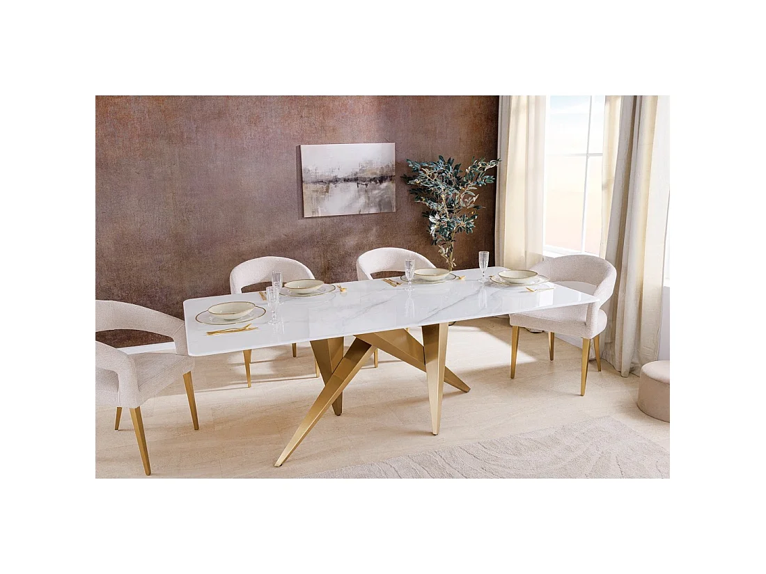Eettafel AXIS – Rechthoekig 200 cm – Wit marmer effect – Metalen poten goudkleurig – Chique stijl
