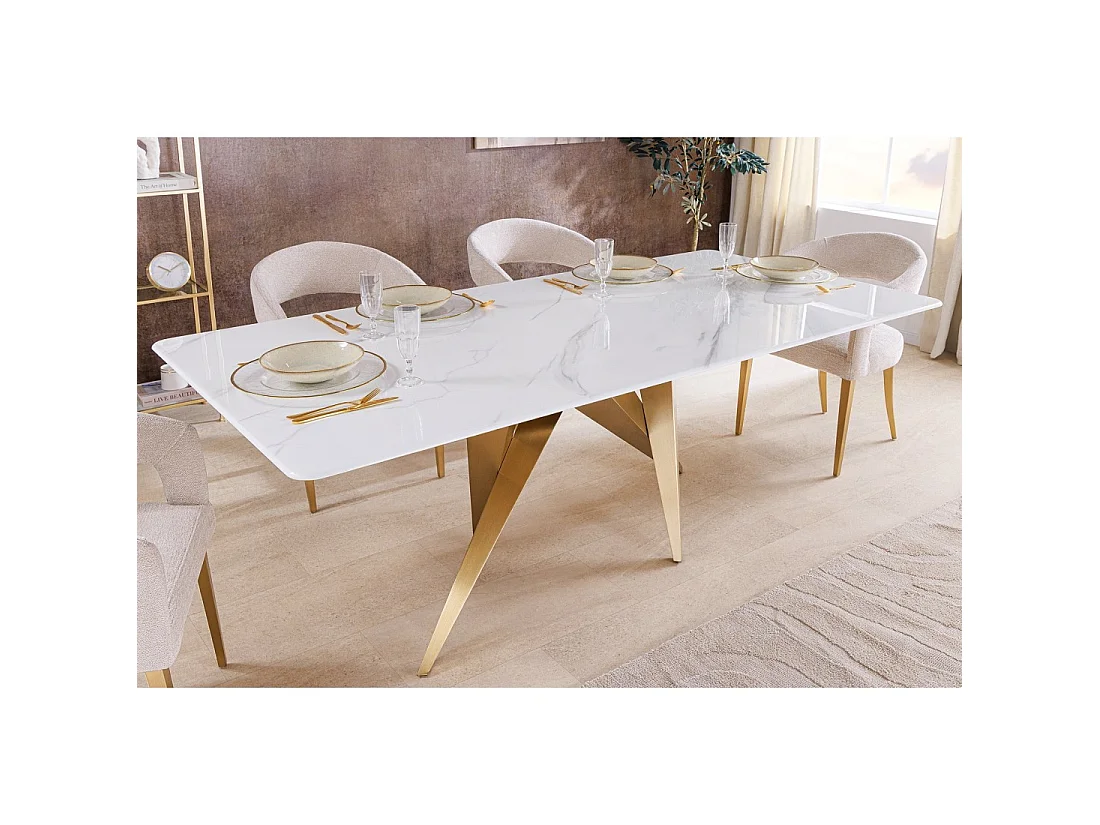 Eettafel AXIS – Rechthoekig 200 cm – Wit marmer effect – Metalen poten goudkleurig – Chique stijl