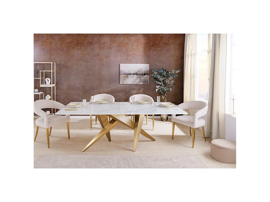 Eettafel AXIS – Rechthoekig 200 cm – Wit marmer effect – Metalen poten goudkleurig – Chique stijl