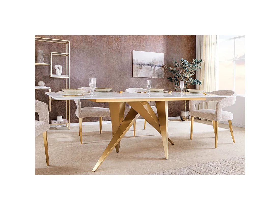 Eettafel AXIS – Rechthoekig 200 cm – Wit marmer effect – Metalen poten goudkleurig – Chique stijl