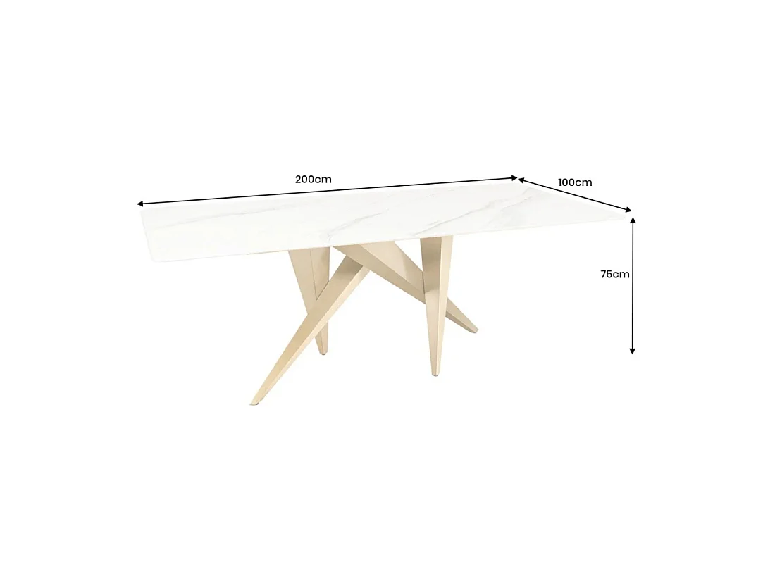 Eettafel AXIS – Rechthoekig 200 cm – Wit marmer effect – Metalen poten goudkleurig – Chique stijl
