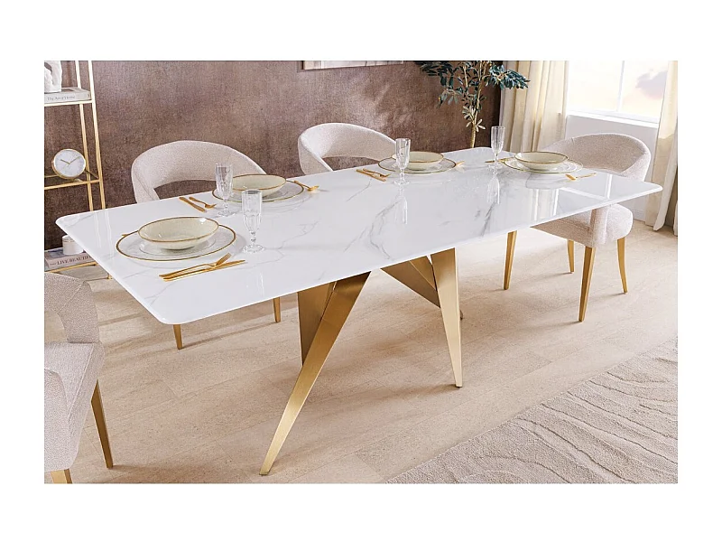 Table de salle à manger AXIS – Rectangulaire 200 cm – Effet marbre blanc – Pieds métal coloris or – Style chic