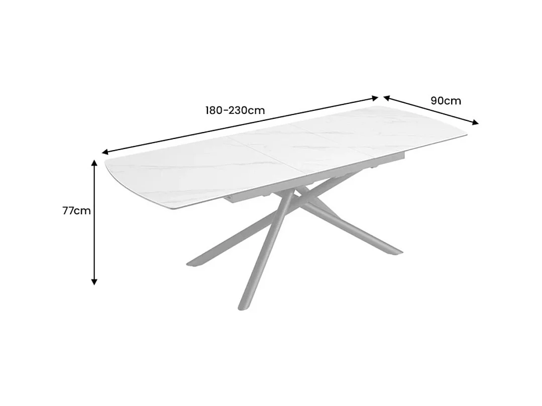 Table de salle à manger OPHIRA – Extensible 180 à 230 cm – Effet marbre blanc – Pieds métal – Style contemporain