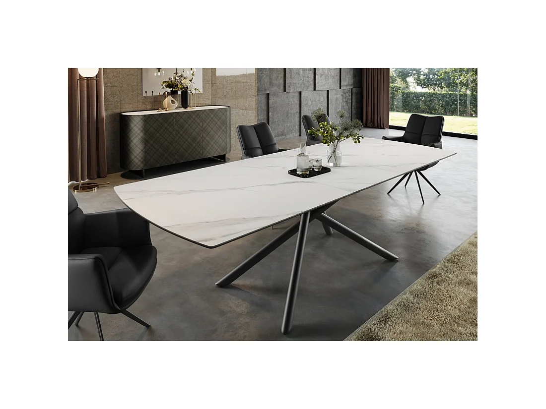 Mesa de comedor OPHIRA - Extensible 180 a 230 cm - Efecto mármol blanco - Patas de metal - Estilo contemporáneo