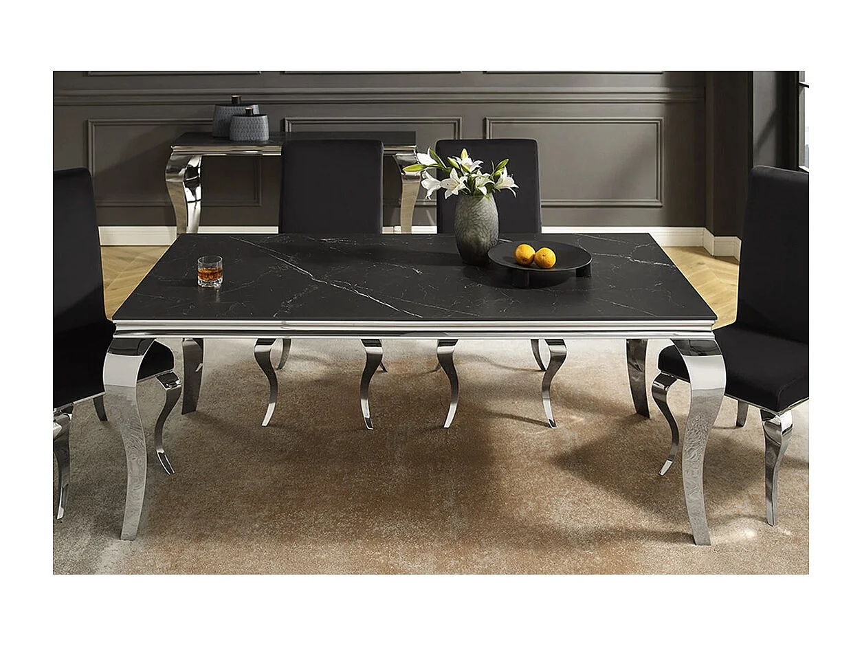 Table VELENA – Rettangolare 180 cm – Piano in pietra sinterizzata e acciaio cromato – Stile barocco
