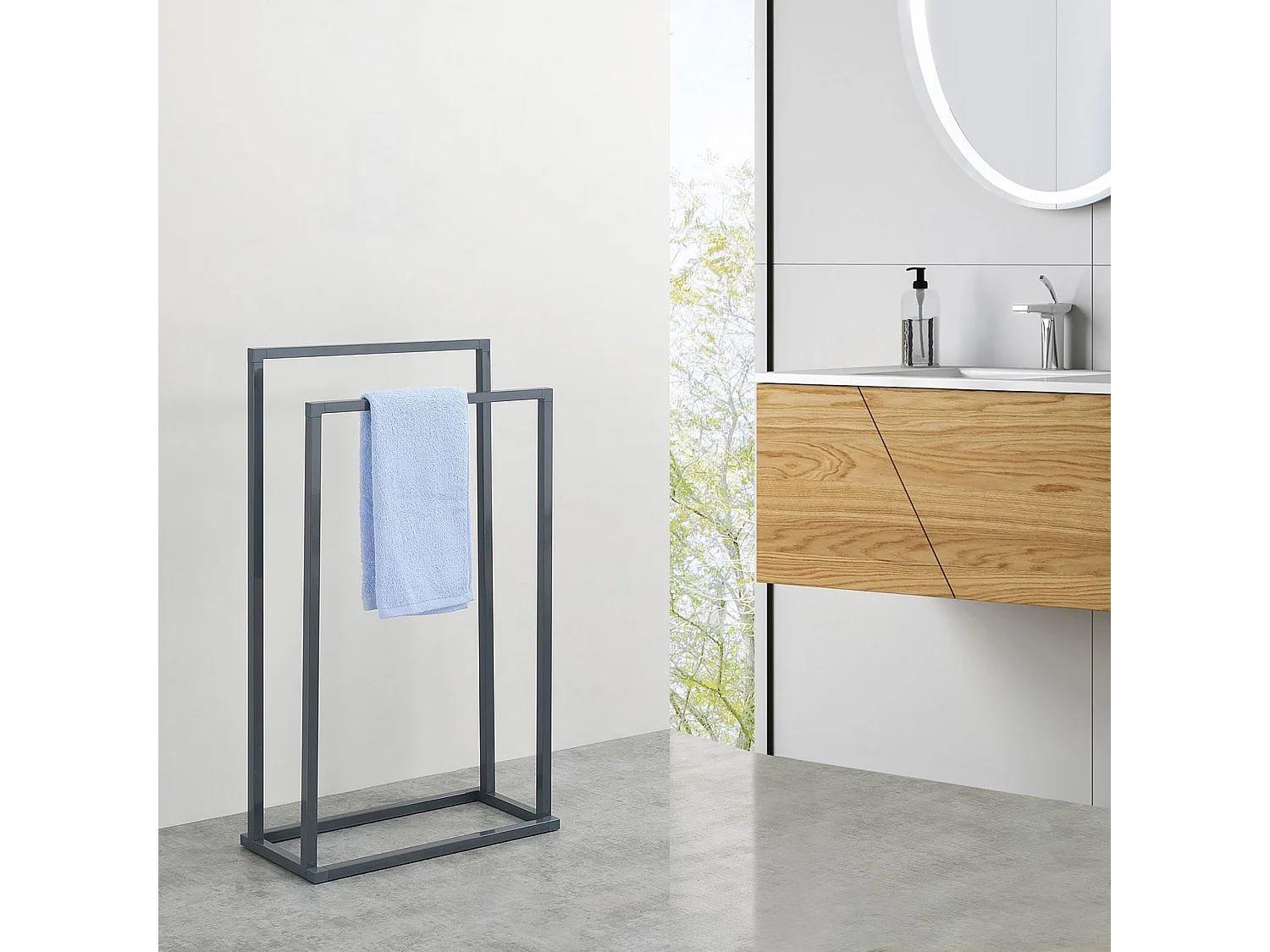 Porte Serviette Salle de Bain MAILO H 84 cm en Métal Gris, Design Simple et Moderne, Sur Pieds avec Socle Stable