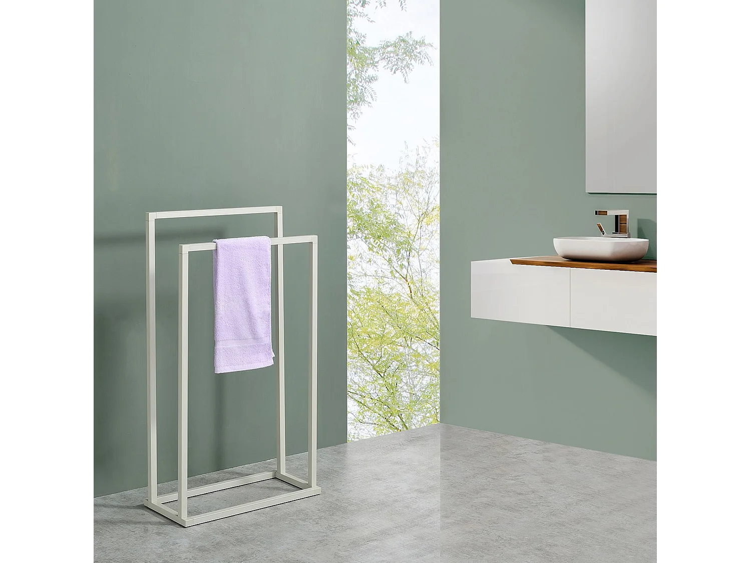 Porte Serviette Salle de Bain MAILO H 84 cm en Métal Beige, Design Simple et Moderne, Sur Pieds avec Socle Stable