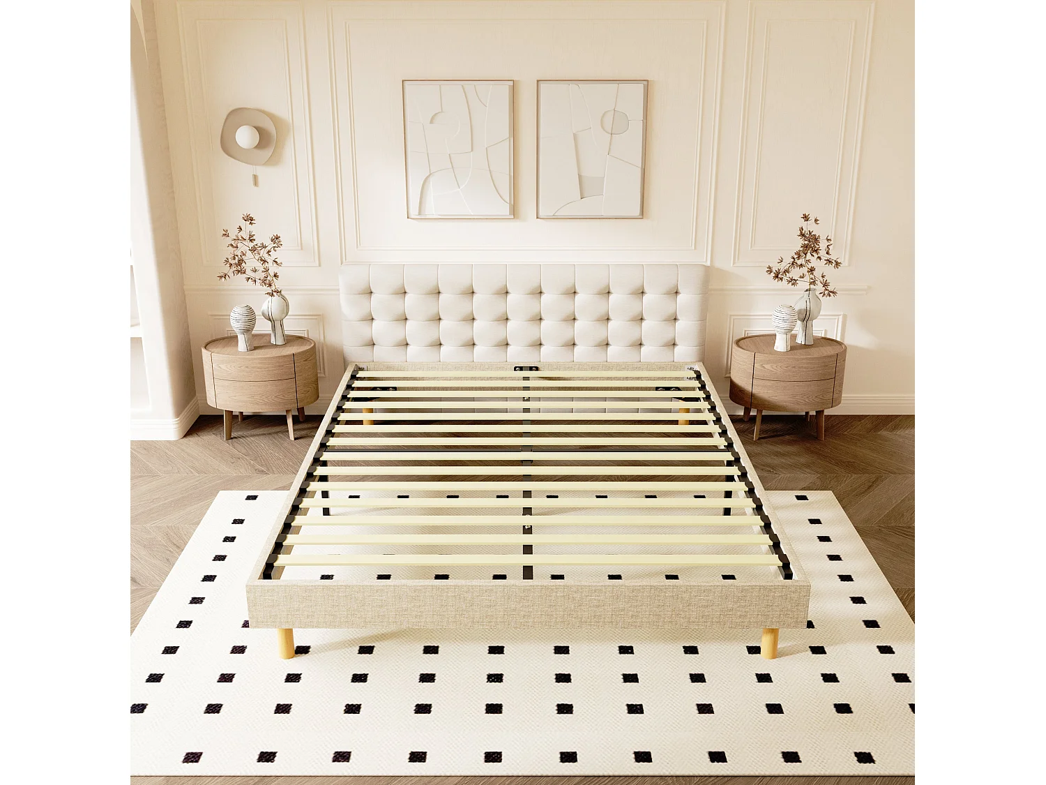 Sommier tapissier 140x200cm, 14 lattes, 9 pieds Hauteur du cadre 29 cm