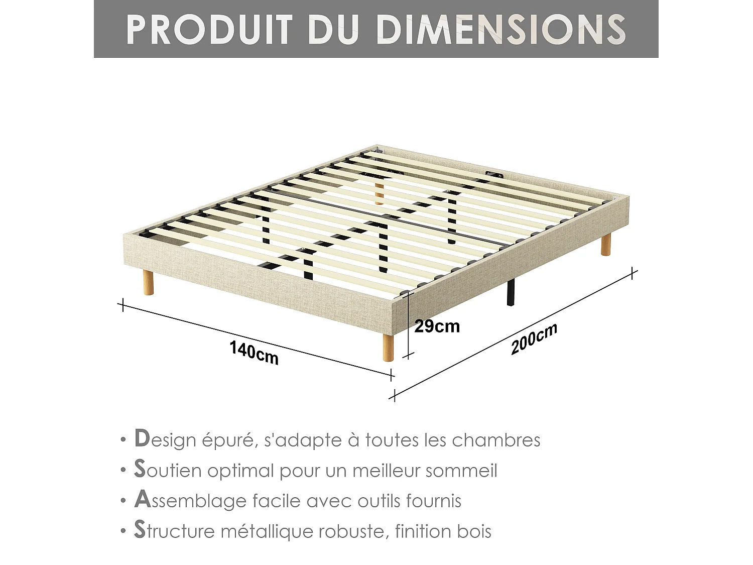 Sommier tapissier 140x200cm, 14 lattes, 9 pieds Hauteur du cadre 29 cm