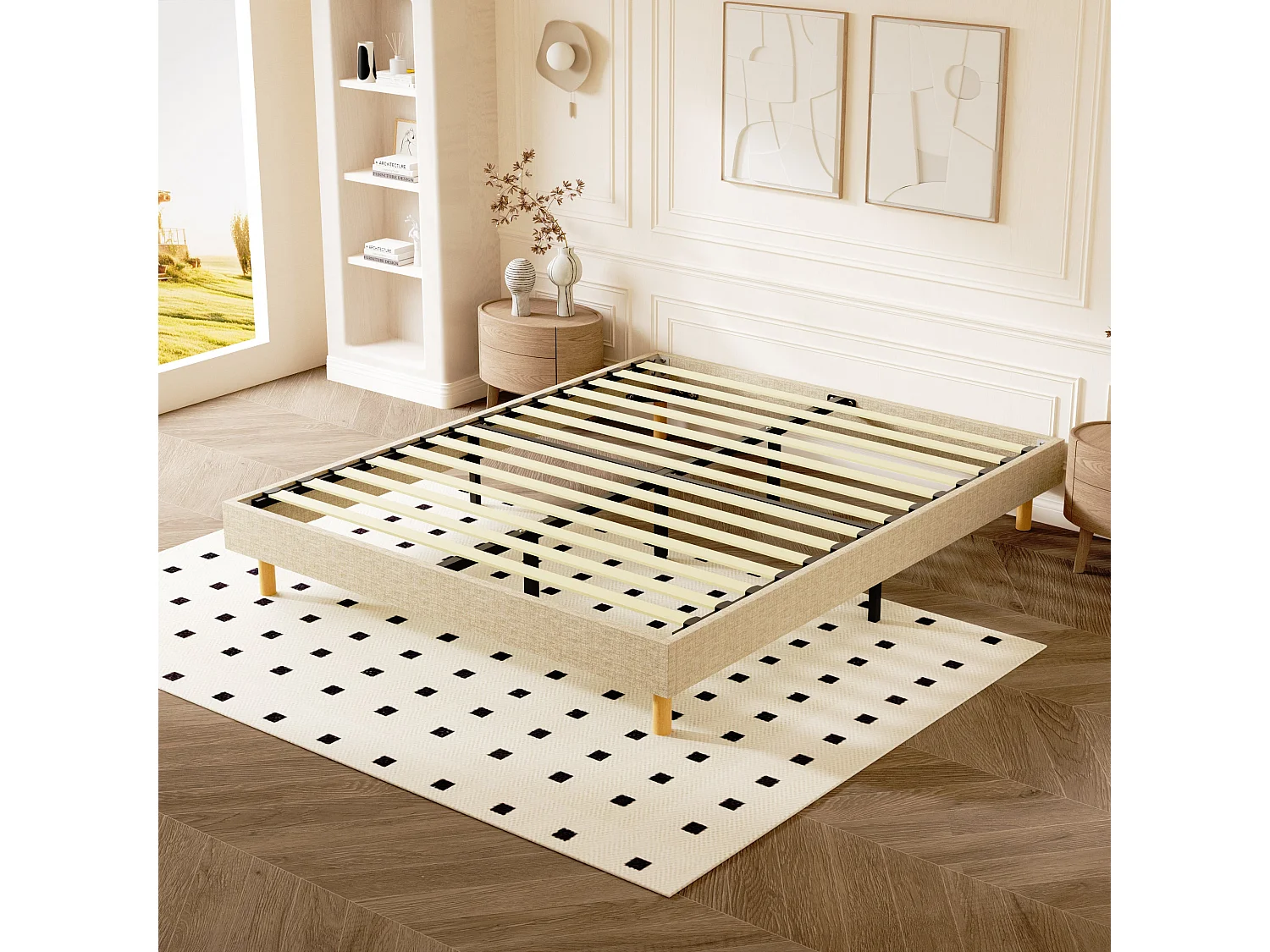 Sommier tapissier 140x200cm, 14 lattes, 9 pieds Hauteur du cadre 29 cm