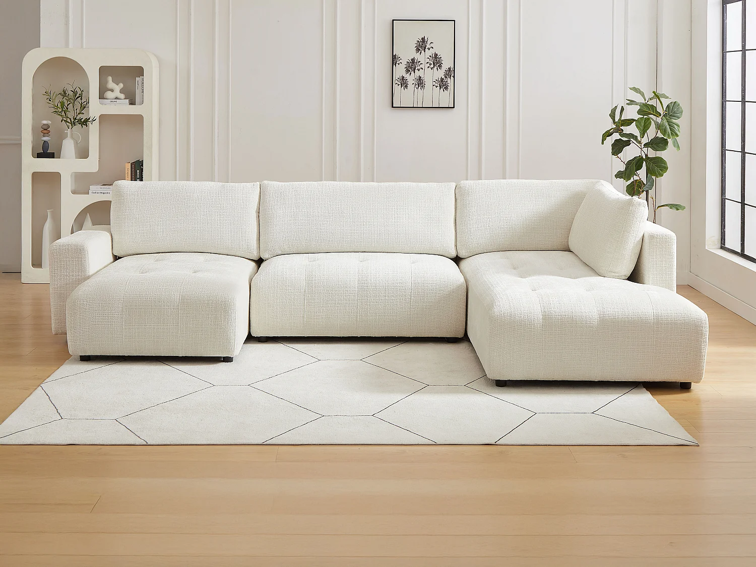 Grand canapé d'angle droit panoramique en tissu chenille beige CELARO