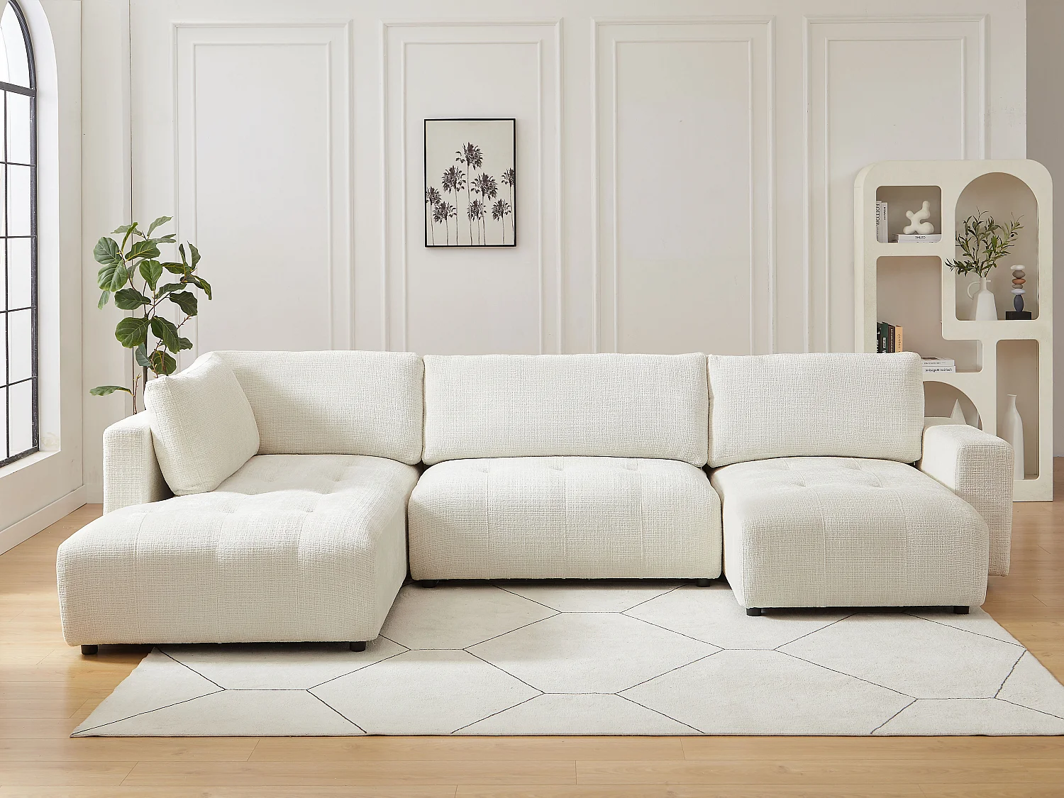 Grand canapé d'angle droit panoramique en tissu chenille beige CELARO