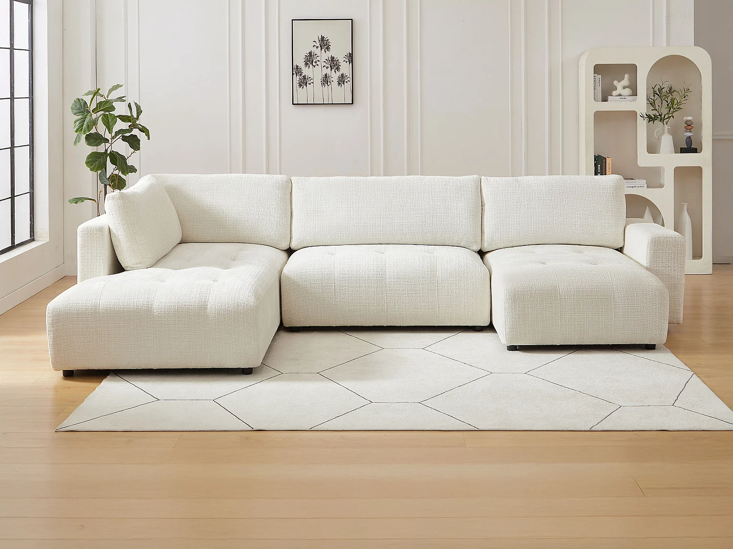 Grand canapé d'angle gauche panoramique en tissu chenille beige CELARO