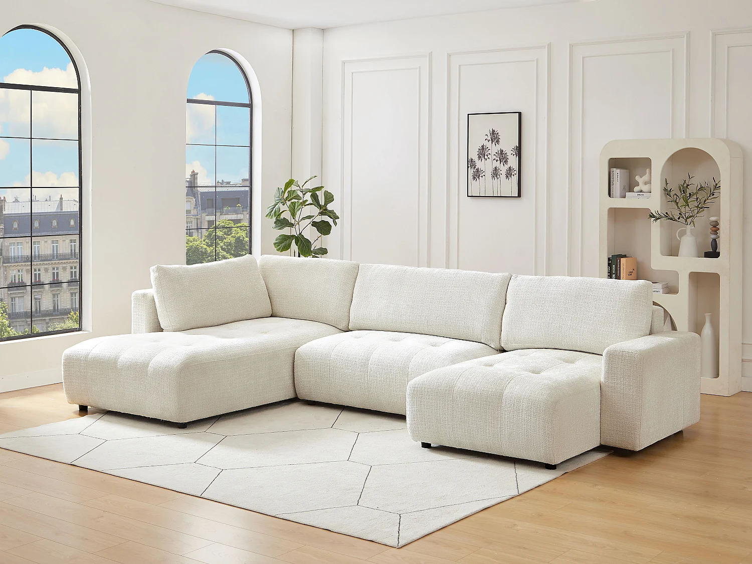 Grand canapé d'angle gauche panoramique en tissu chenille beige CELARO