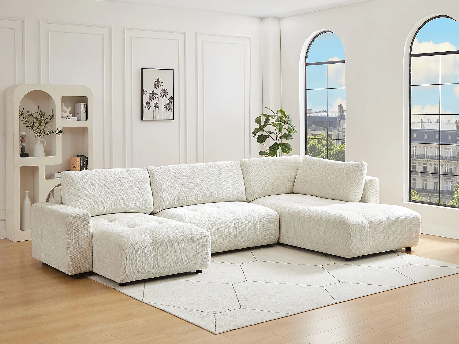 Grand canapé d'angle gauche panoramique en tissu chenille beige CELARO