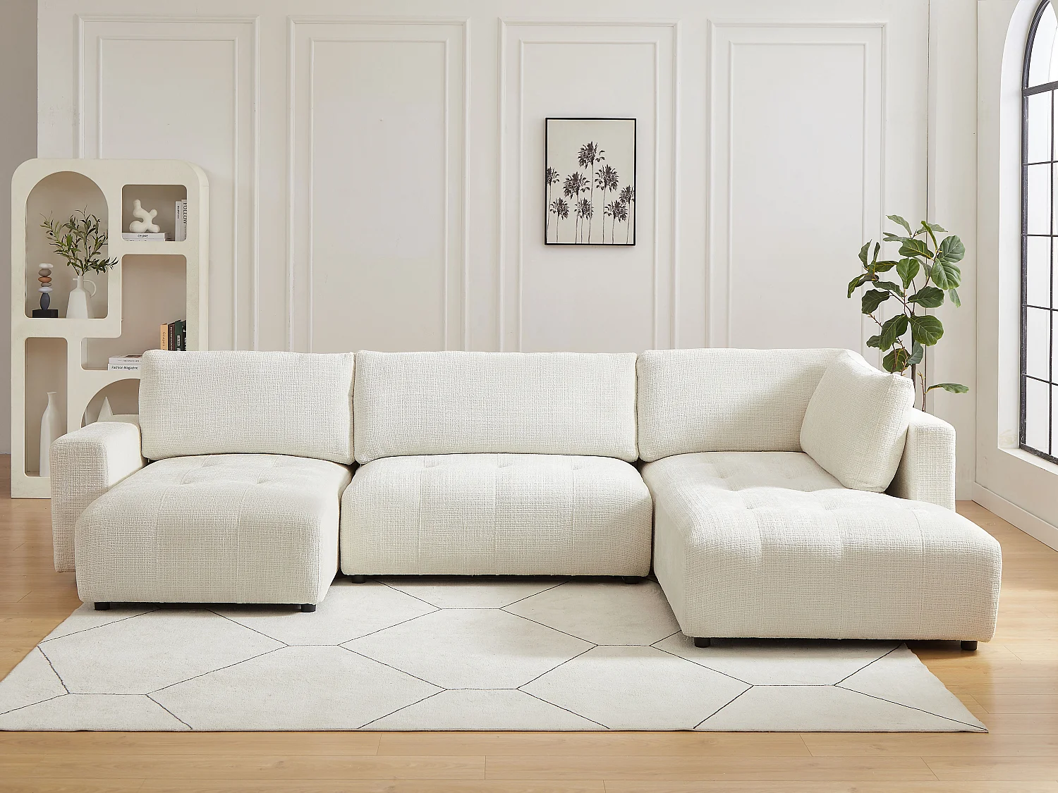 Grand canapé d'angle gauche panoramique en tissu chenille beige CELARO