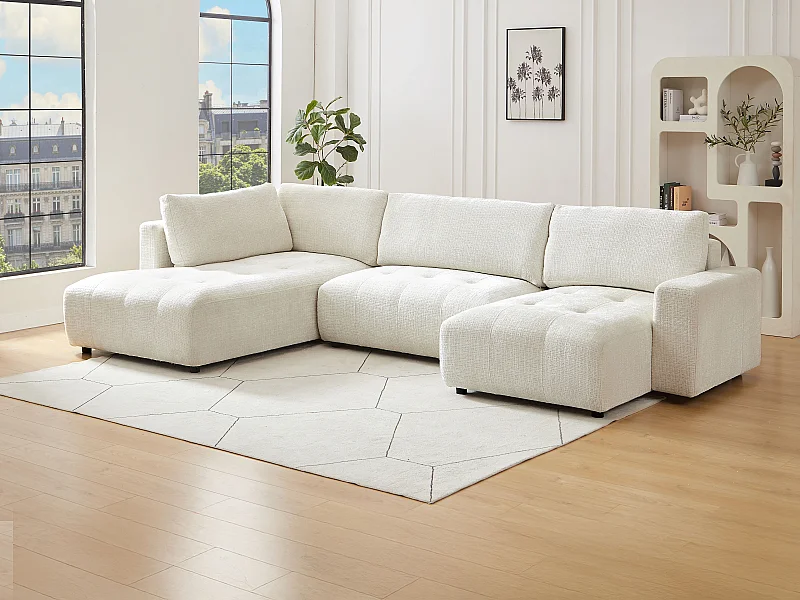 Grand canapé d'angle gauche panoramique en tissu chenille beige CELARO