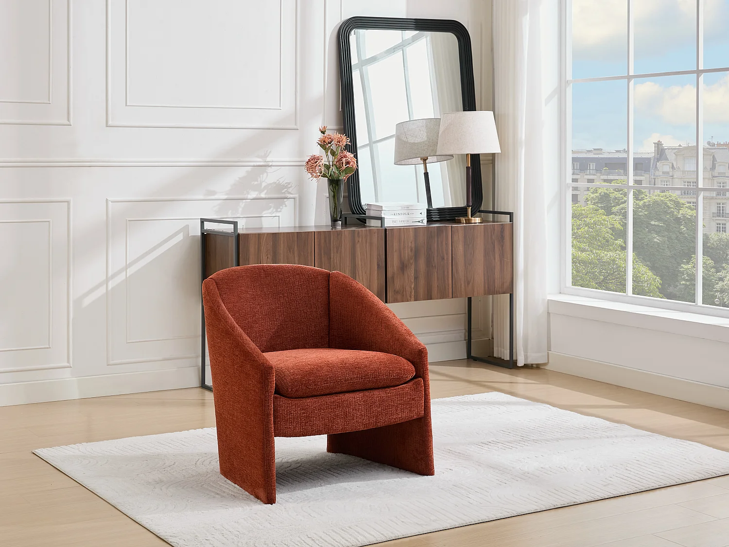 Fauteuil en tissu texturé terracotta TAROLO