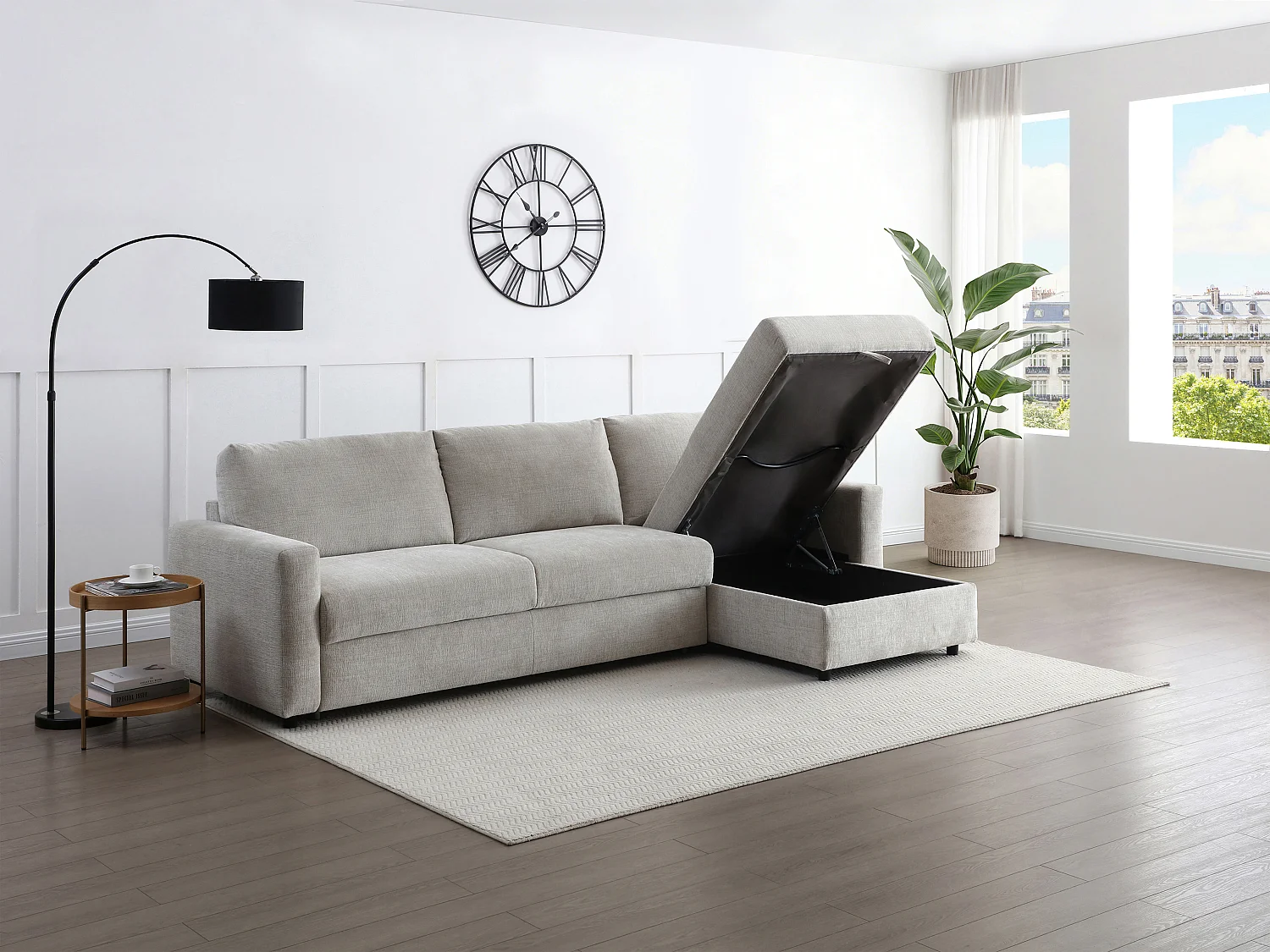 Canapé d'angle convertible express et réversible en tissu beige - Couchage 140 cm MILAVO