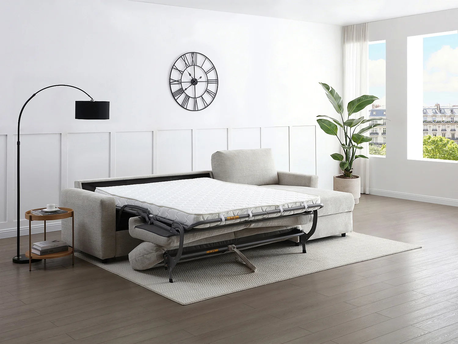 Canapé d'angle convertible express et réversible en tissu beige - Couchage 140 cm MILAVO