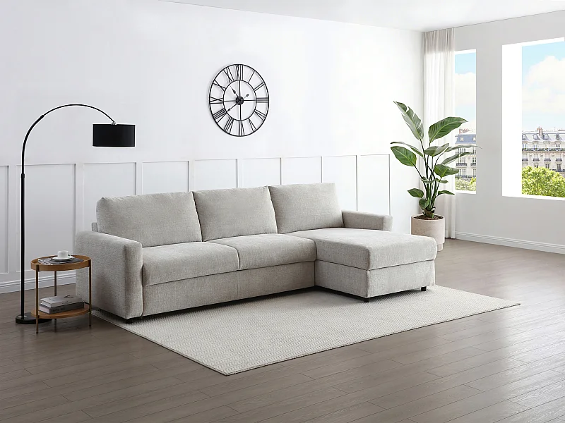 Canapé d'angle convertible express et réversible en tissu beige - Couchage 140 cm MILAVO