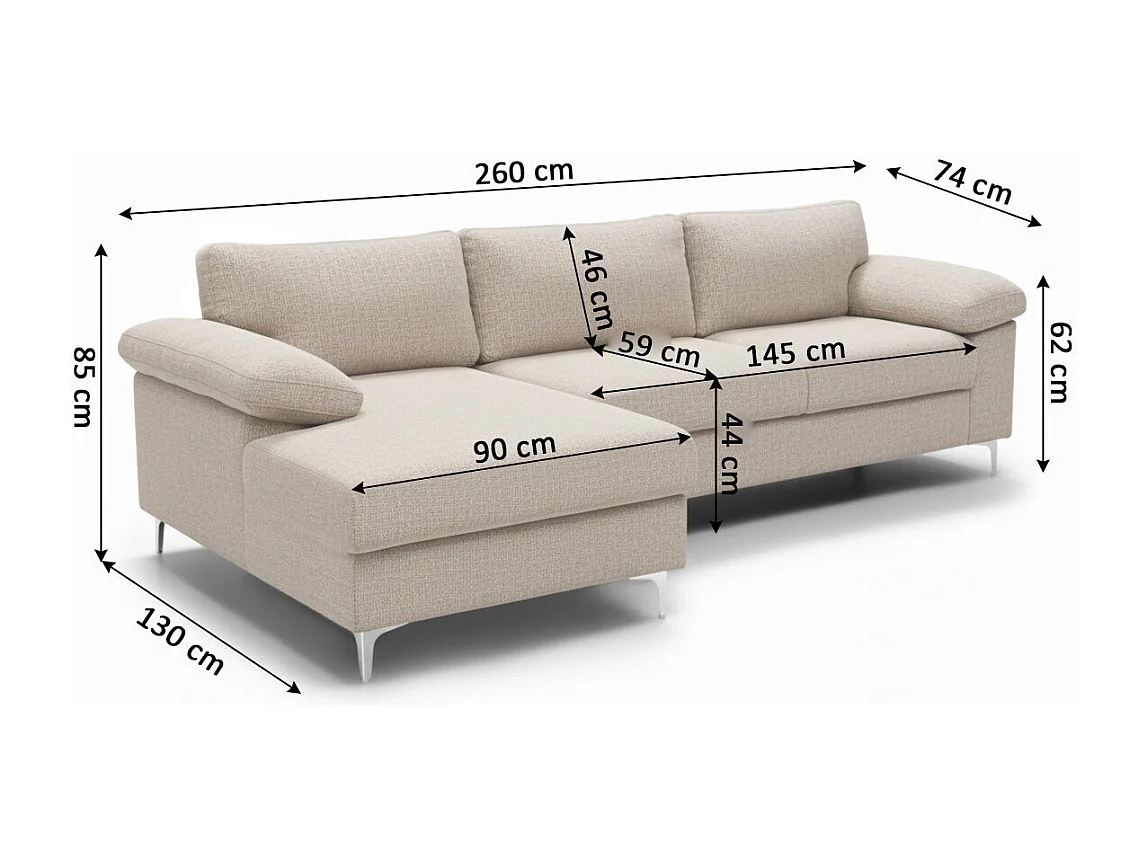 Sofá Chaise Longue Cyril 260 cm Bege, Chaise Esquerda
